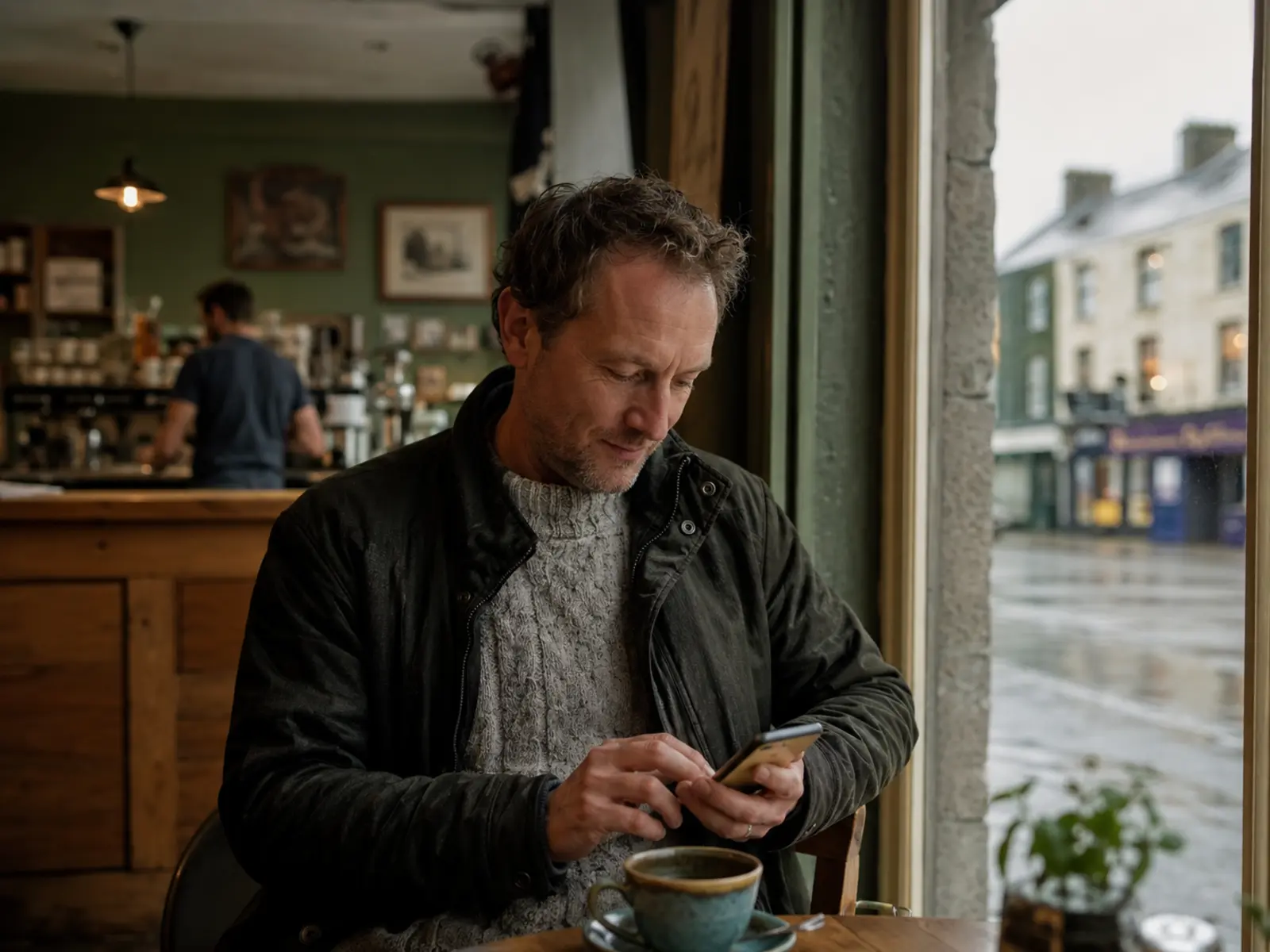 A business website and app shown on a phone held on an Irish street