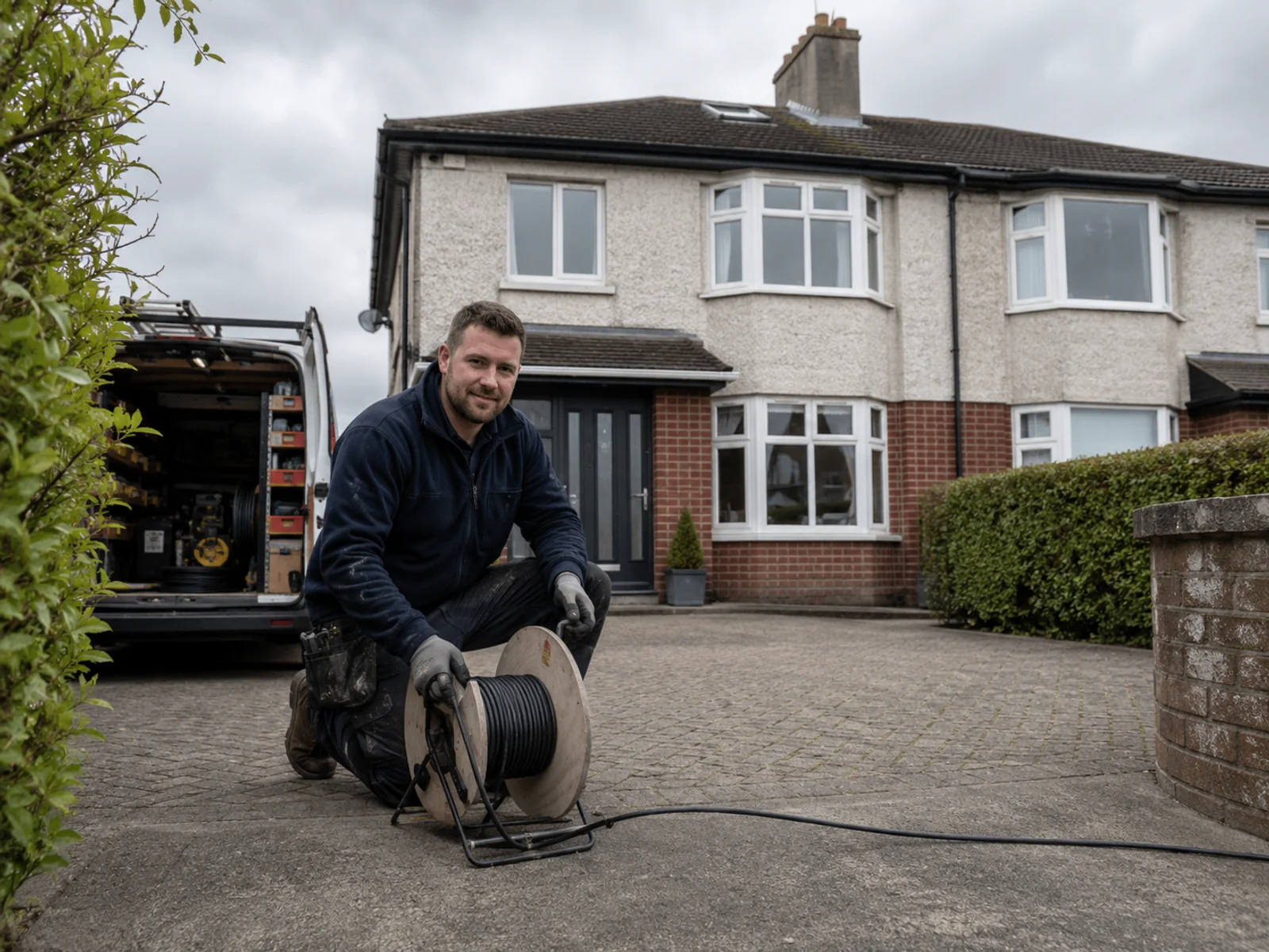 Electrician on a driveway with a cable drum outside a Dublin semi-detached in Beaumont