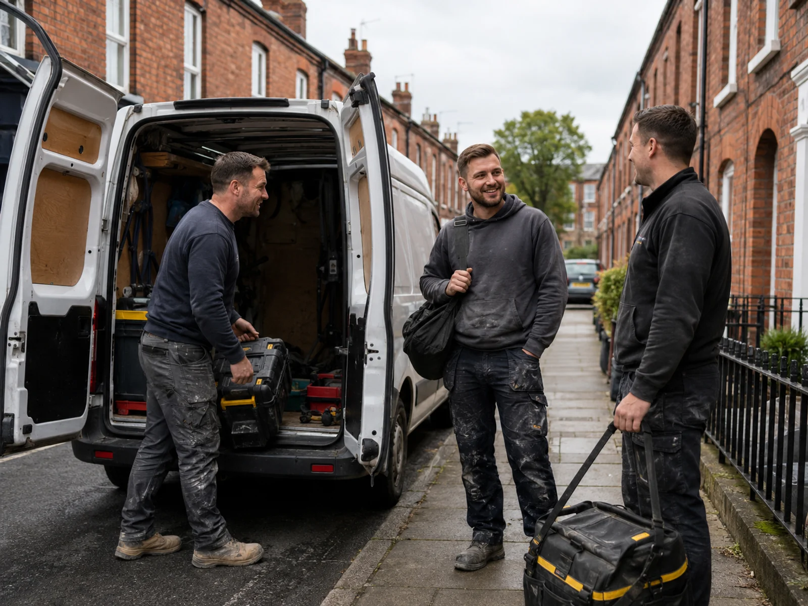 Tradespeople beside a white van on a Dublin terrace street in Clontarf