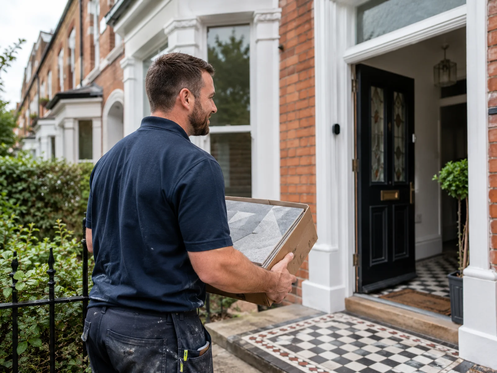 Tiler carrying floor tiles toward a Dublin terrace in Coolock