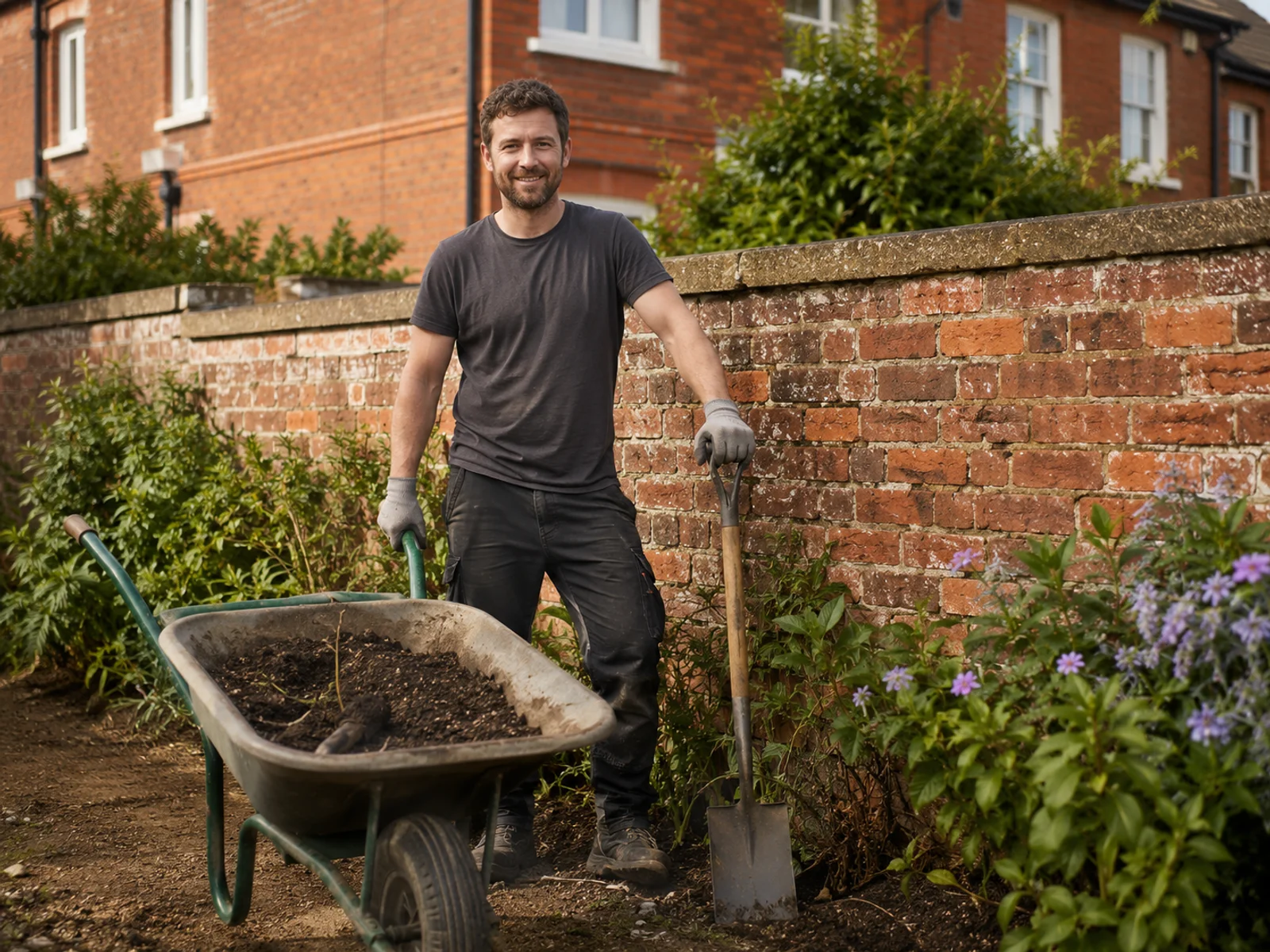 Landscaper with wheelbarrow and spade beside a Dublin garden wall in Donaghmede
