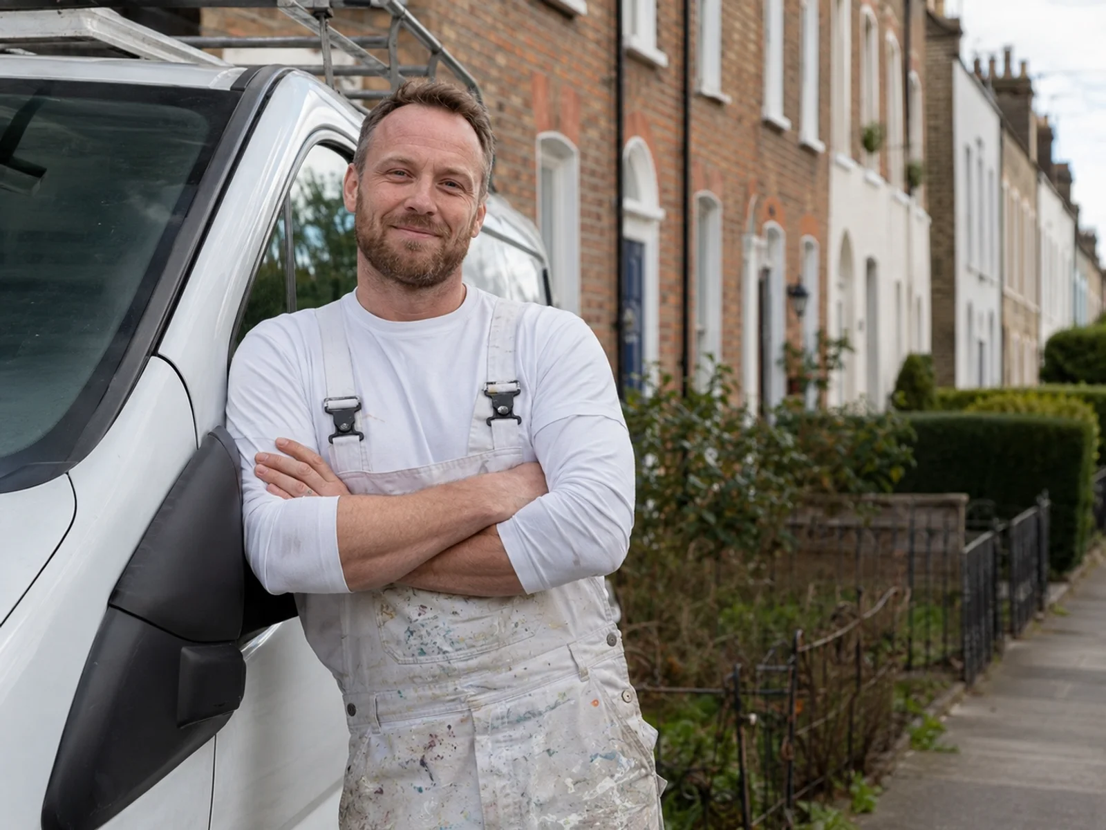 Tradesperson beside a white van on a Dublin terrace street in Fairview