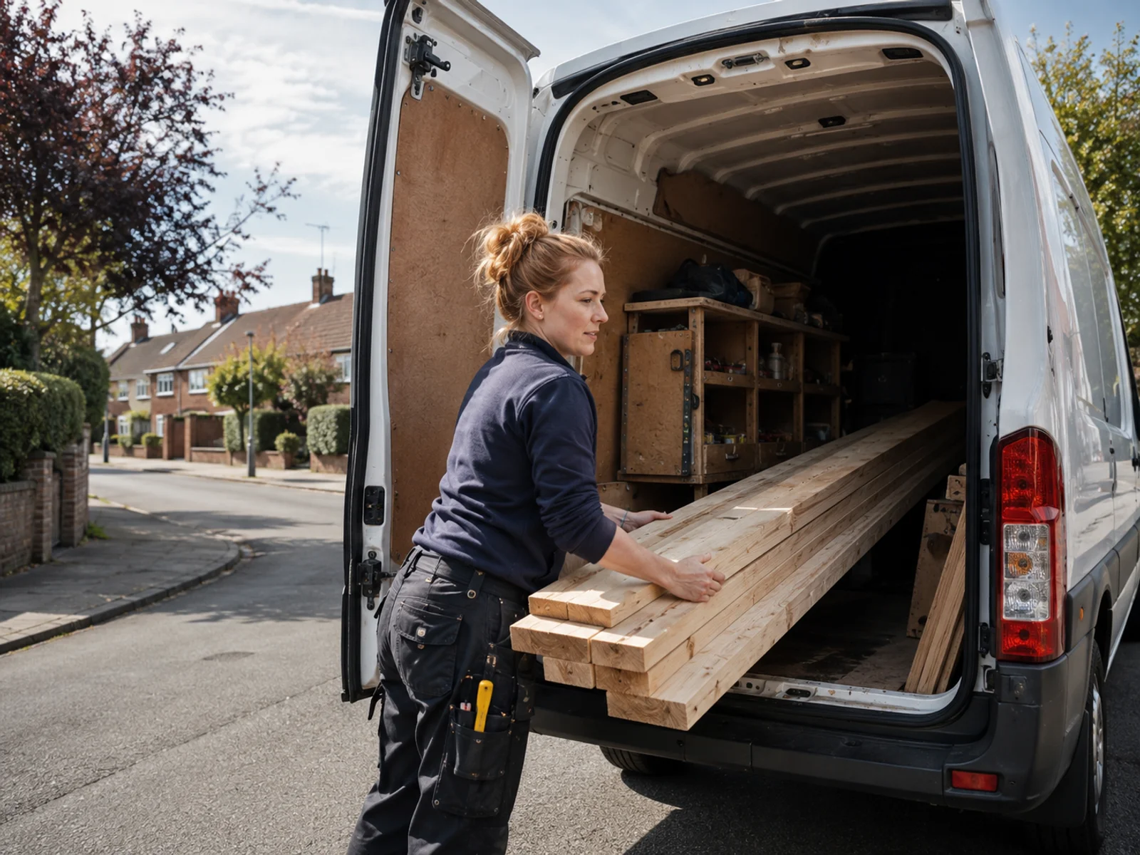 Carpenter loading timber into a white van on a Dublin suburban street in Raheny