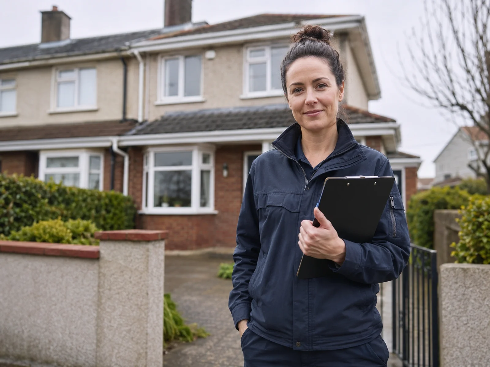 Heating engineer in uniform outside a Dublin semi-detached in Santry