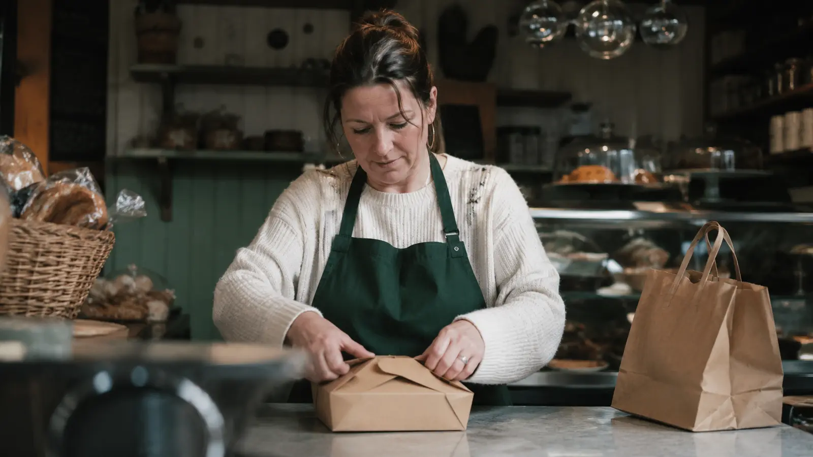 An Irish deli owner sealing a takeaway order at the counter, collection bag ready
