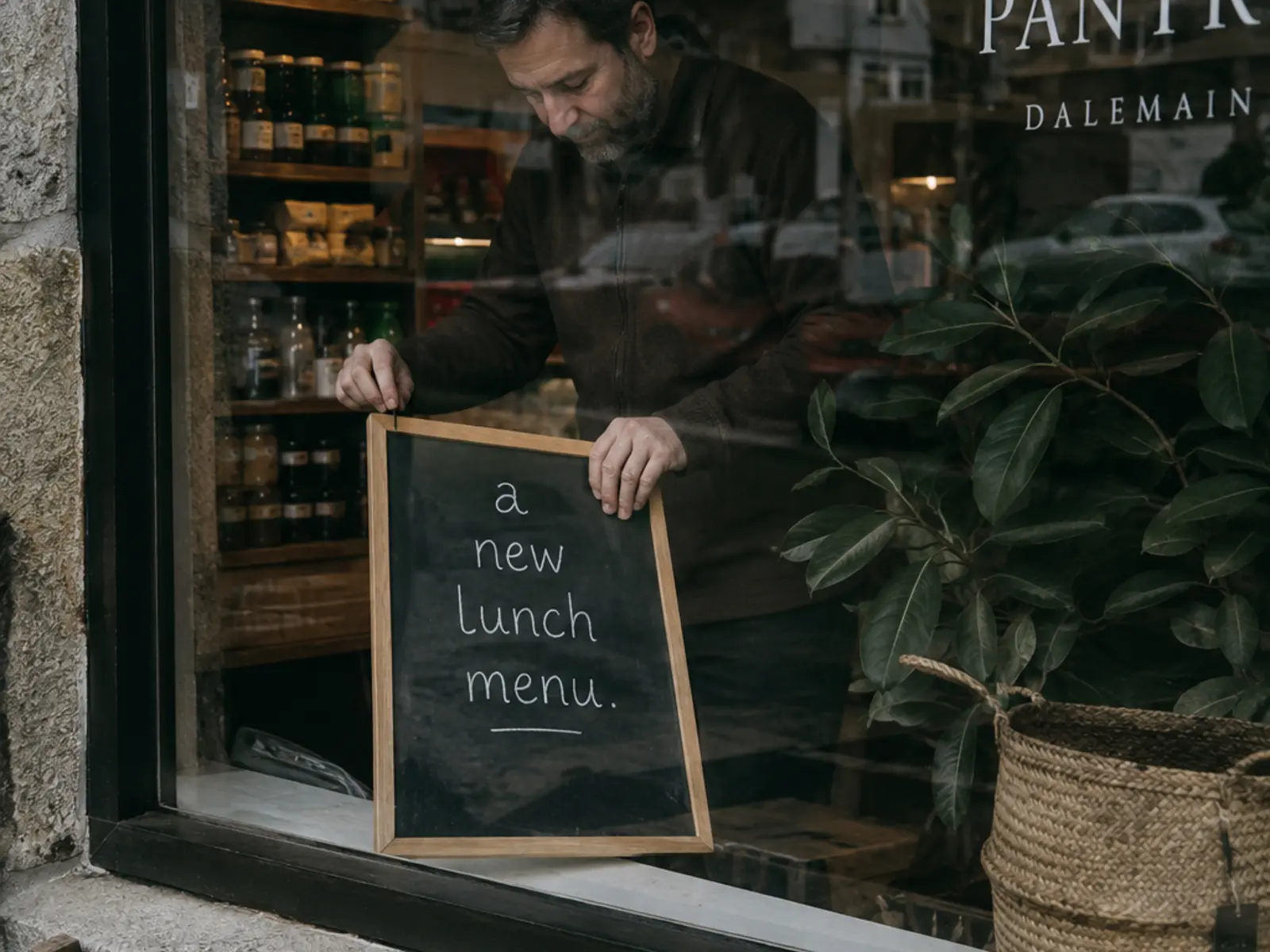 An Irish shop owner at the counter updating details on a laptop