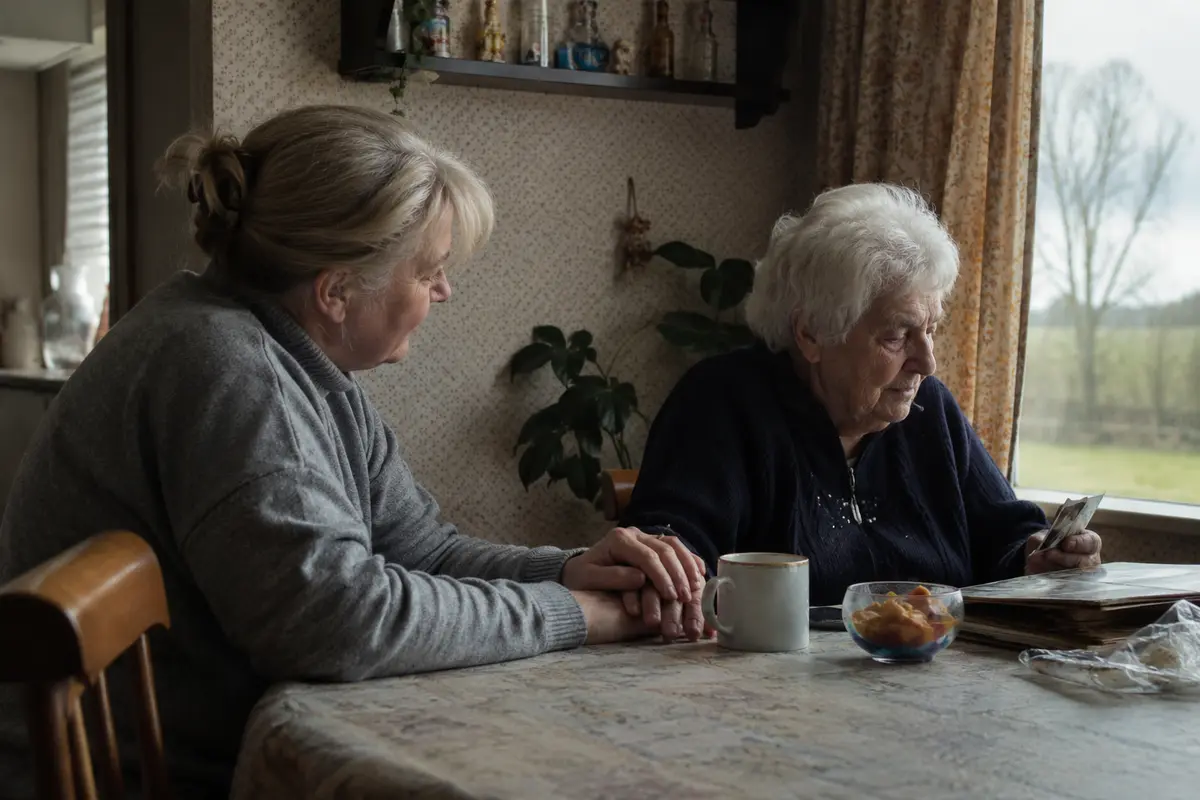 A volunteer sharing tea with an older person at home