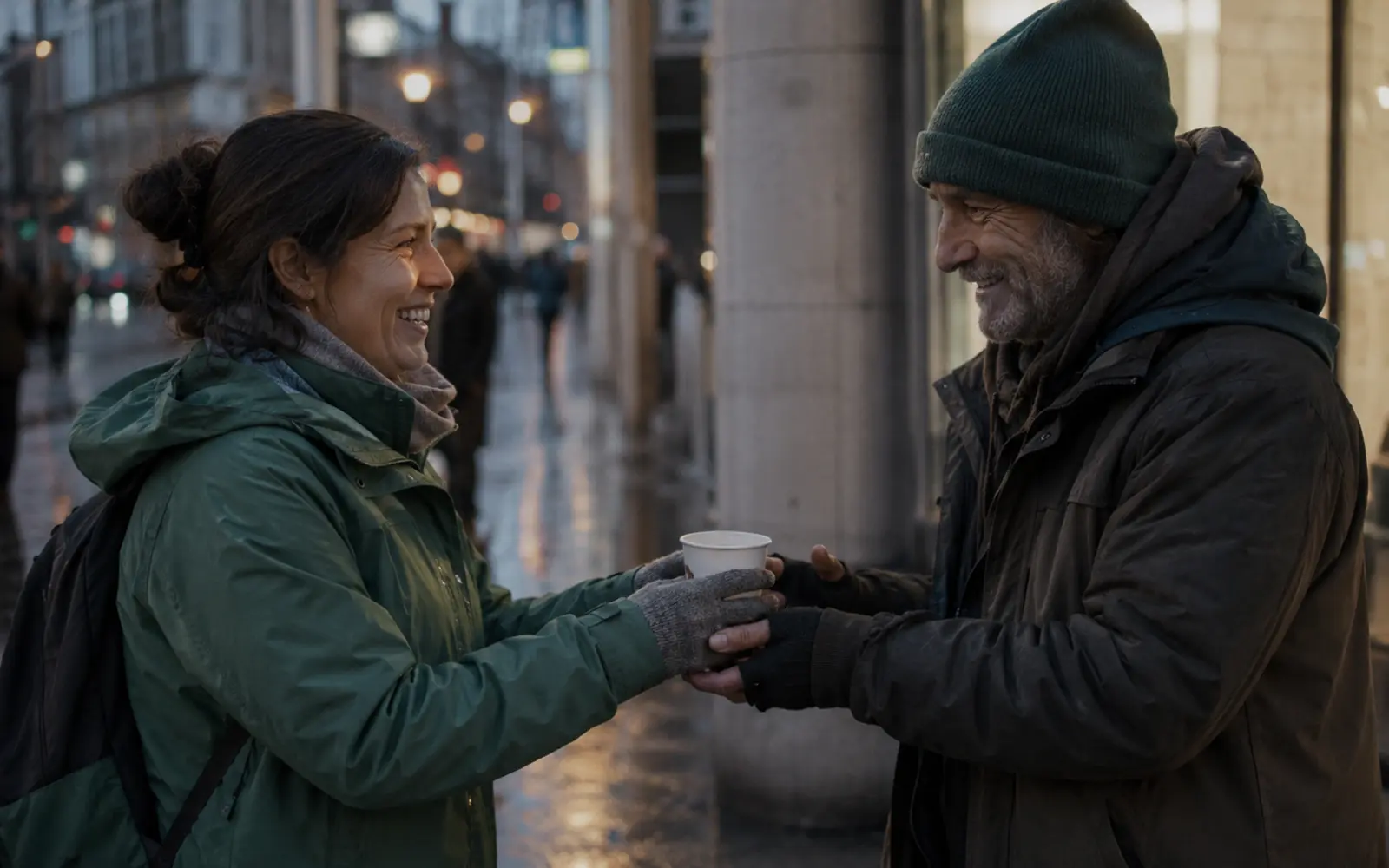 A volunteer handing a hot drink to someone on a Dublin street