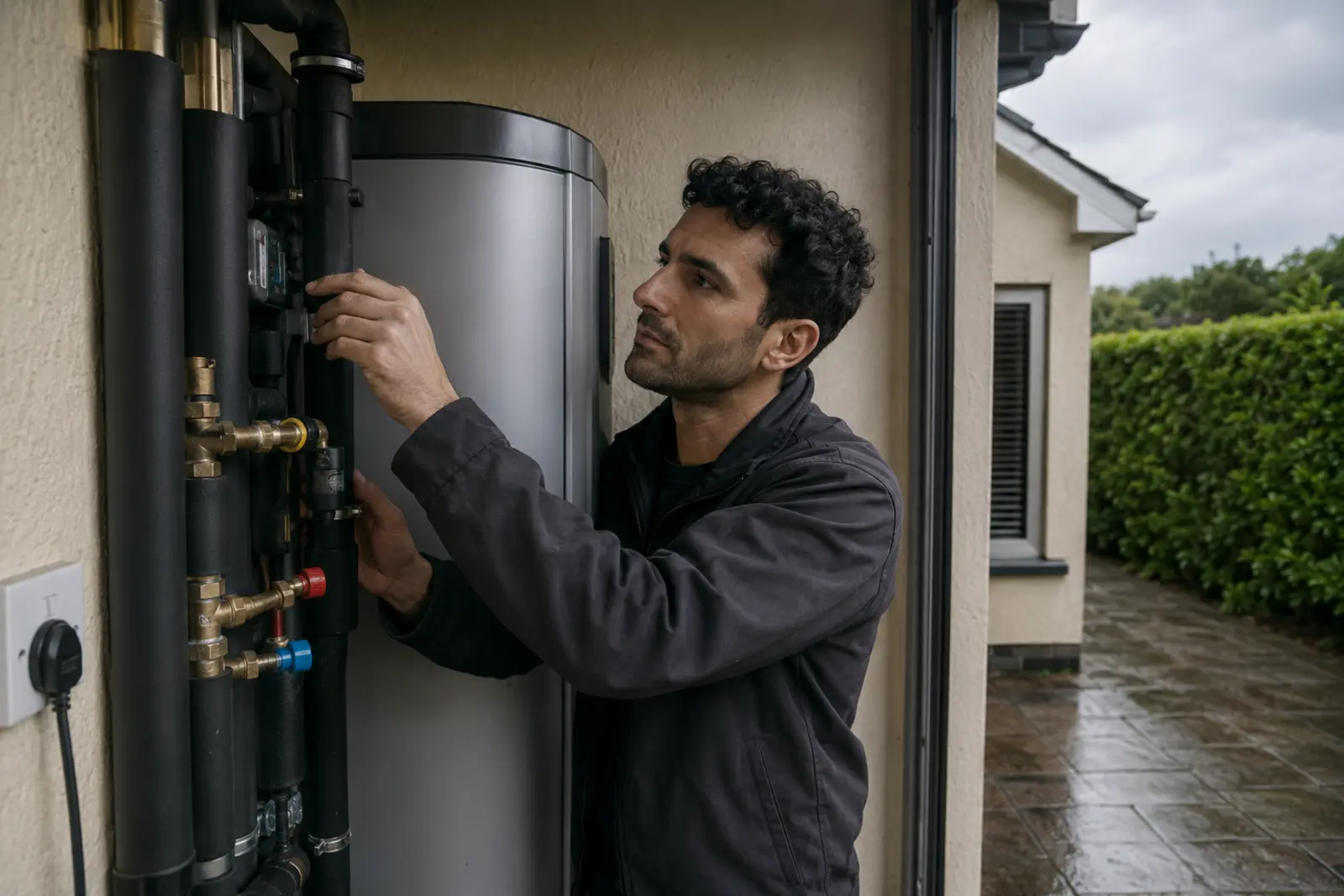 Heating engineer checking the pipework on a hot water cylinder outside an Irish house