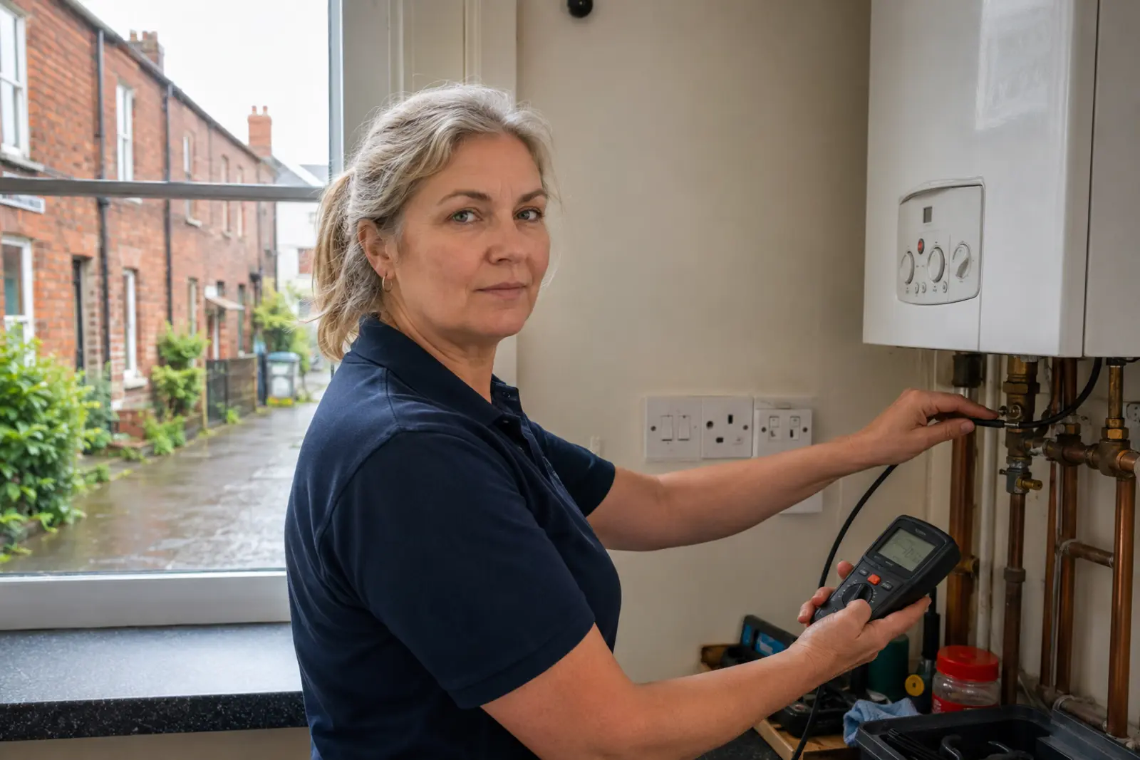 Heating engineer using a digital meter to service a wall-mounted gas boiler