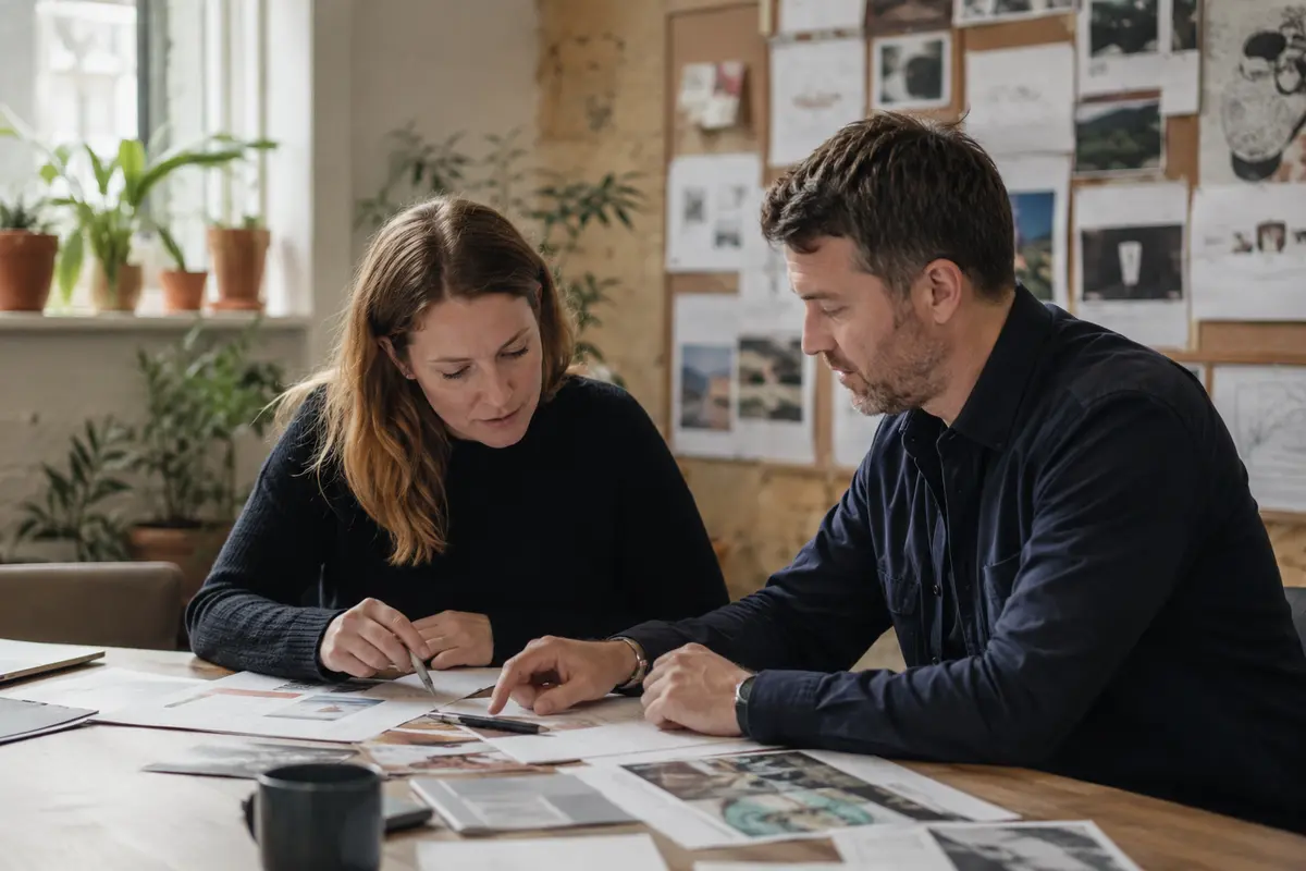 Two people in an Irish agency reviewing work together
