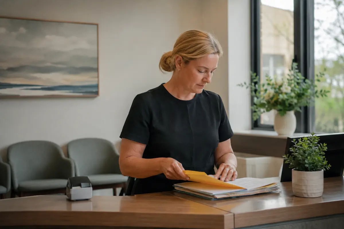 A practitioner organising client paperwork at a clinic desk