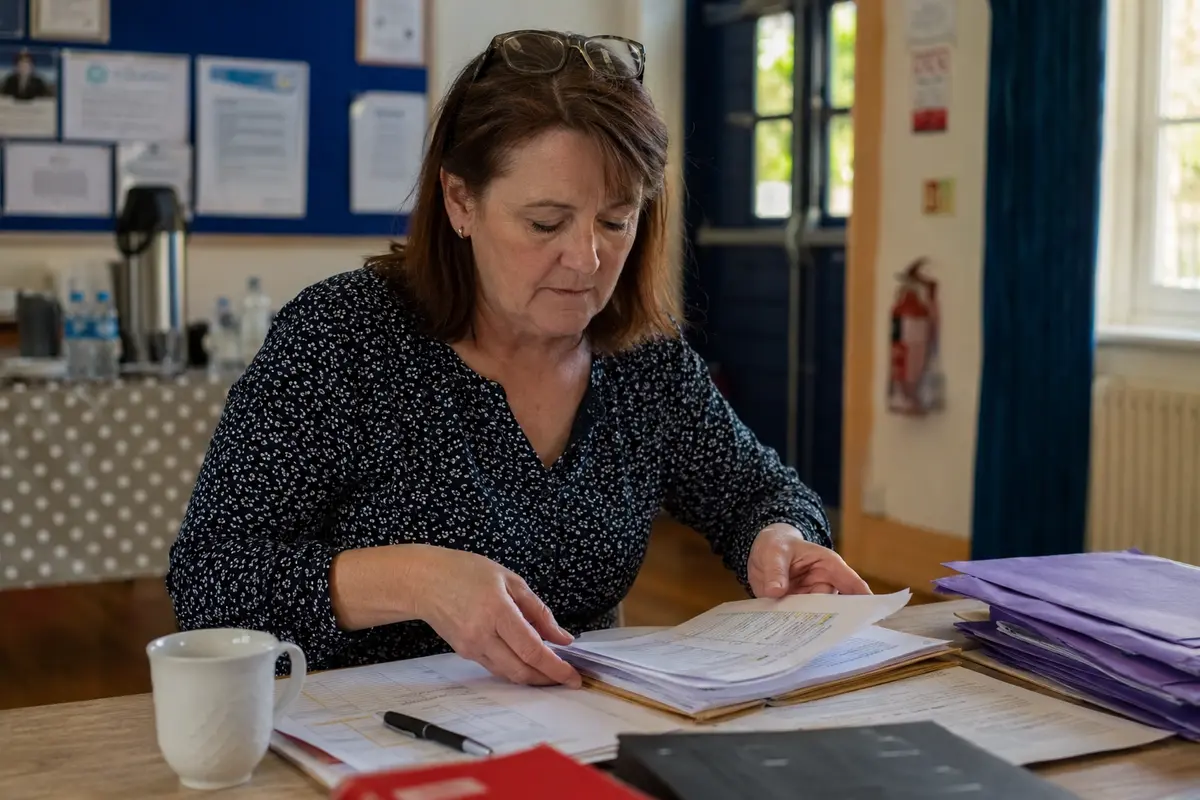 A community organiser sorting member paperwork in a hall