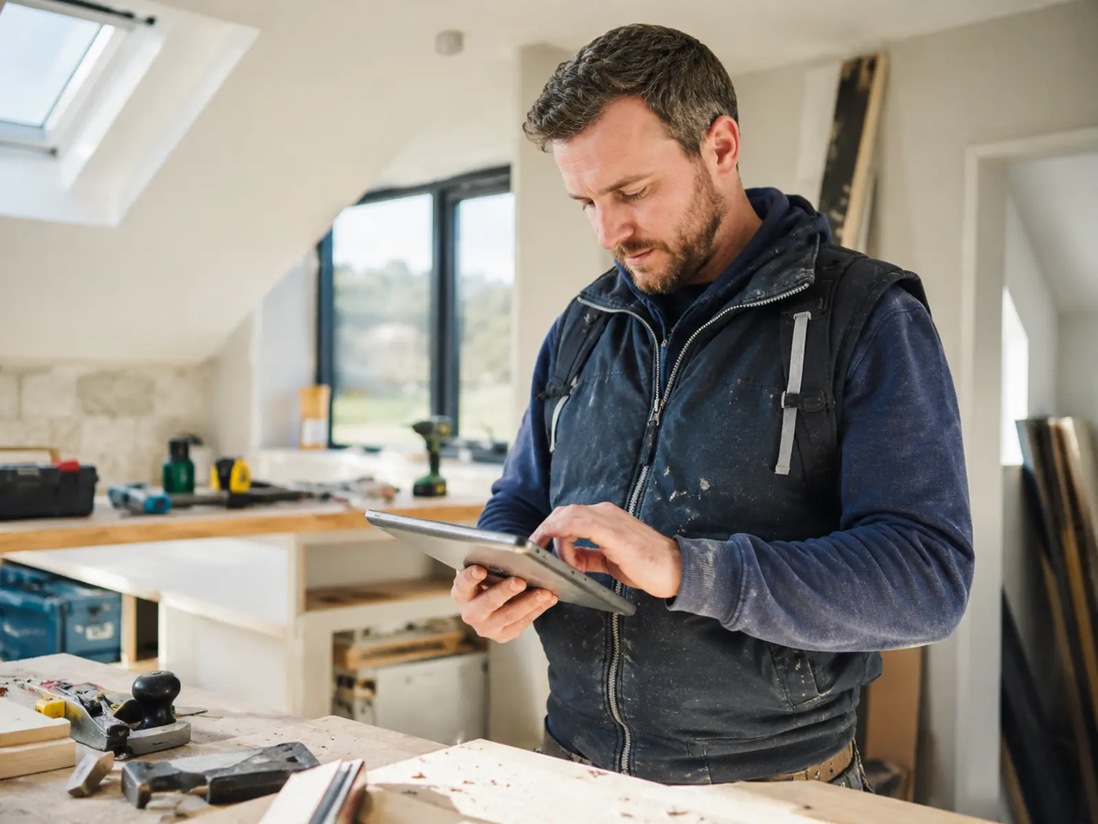 An Irish tradesperson reviewing client job details on site