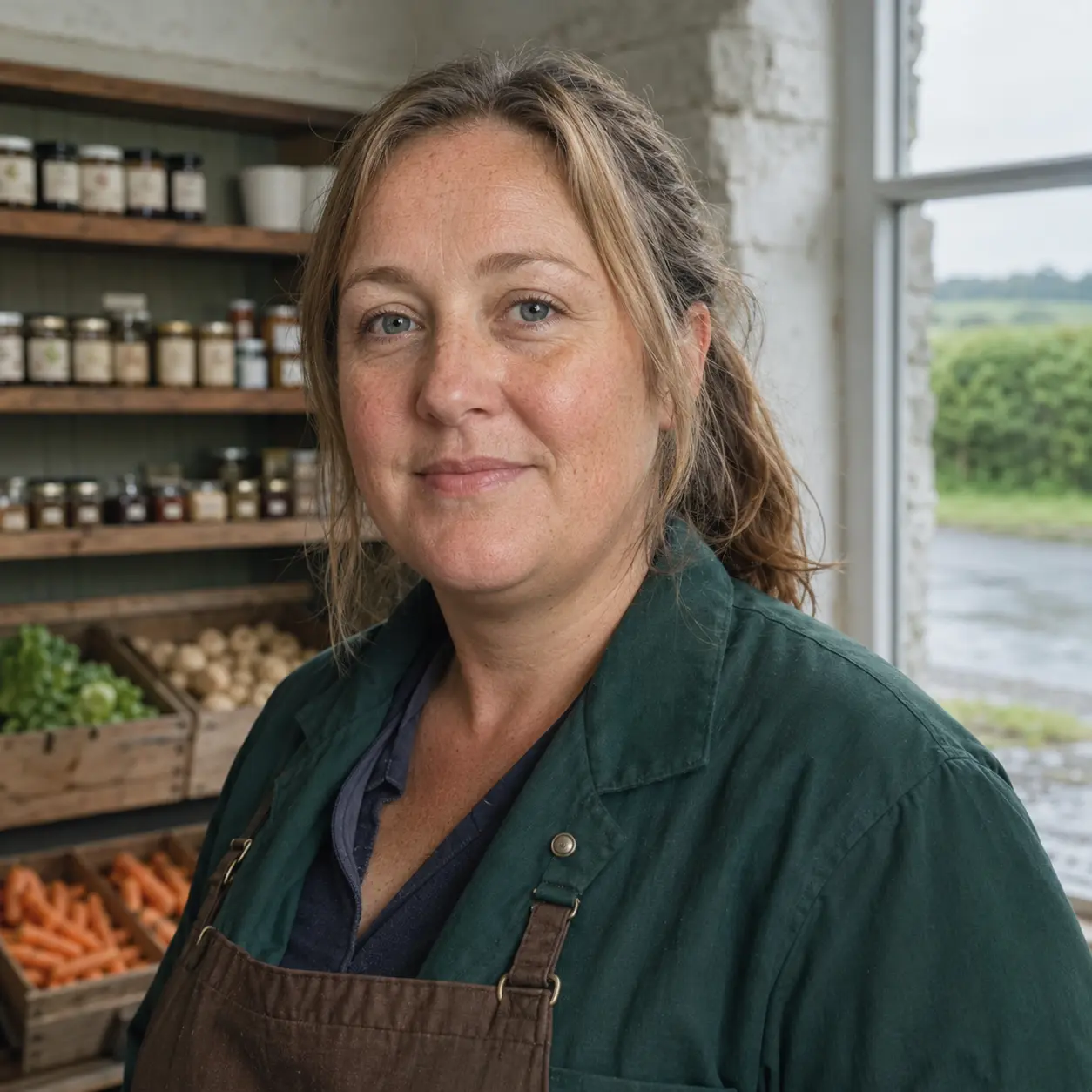 A farm shop owner at their produce counter
