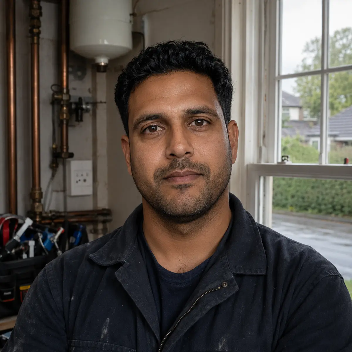 Portrait of an Irish plumber in workwear beside copper pipework and a hot water cylinder
