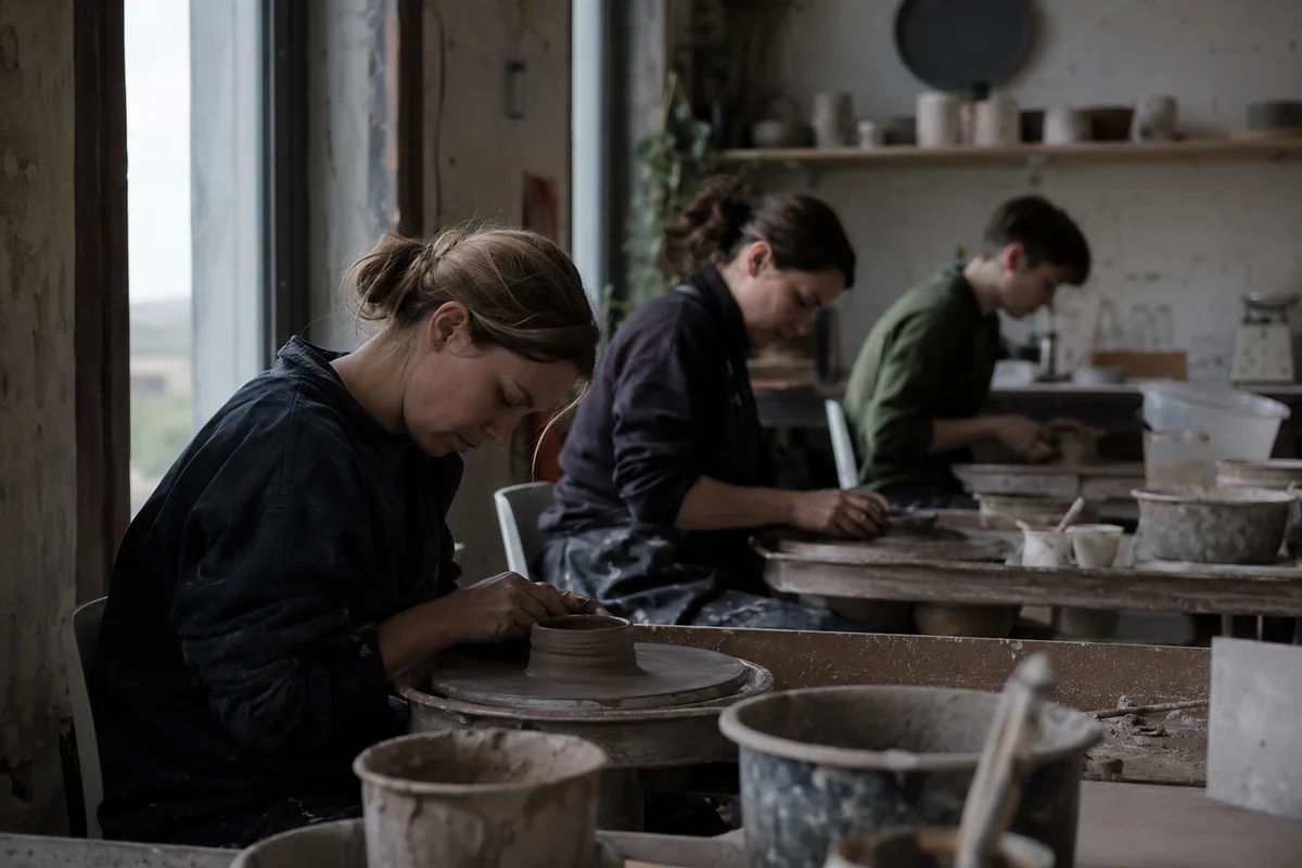 A studio class in progress, people mid-activity