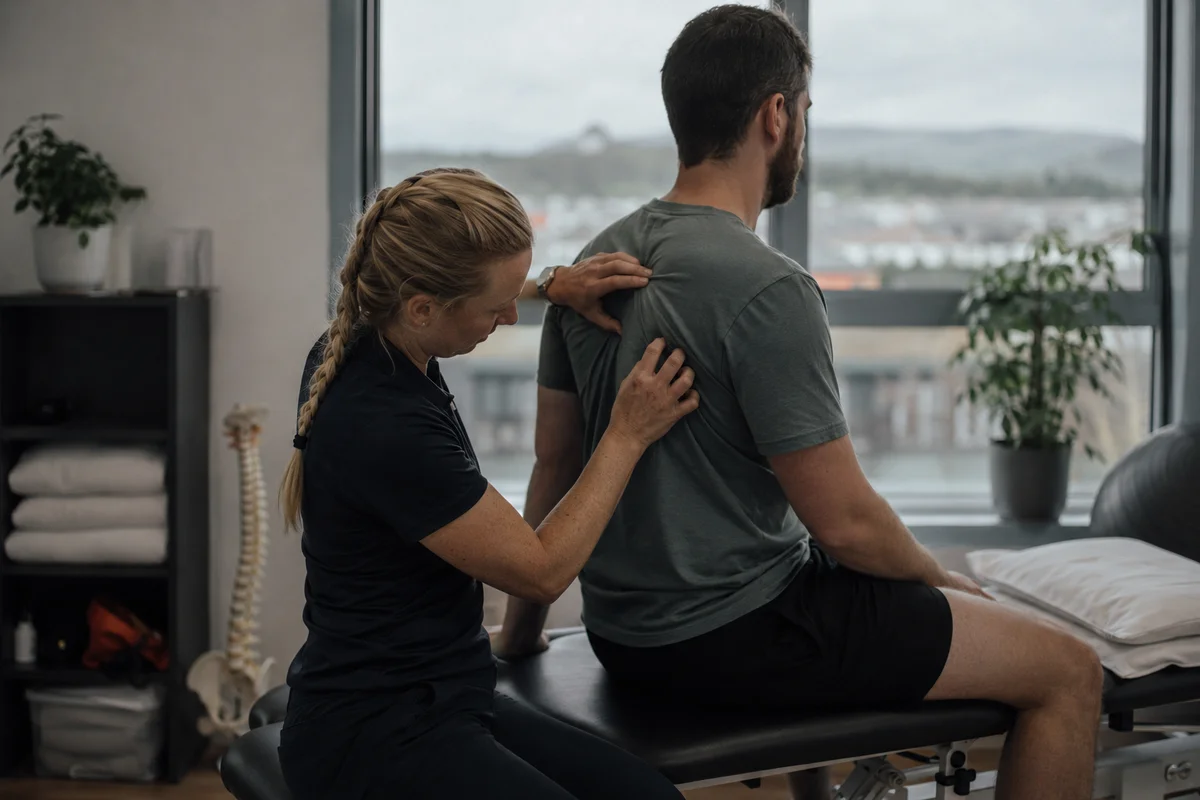 A physio working hands-on with a client in a treatment room